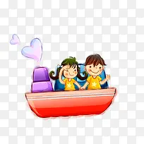 2个小朋友坐在船上游玩