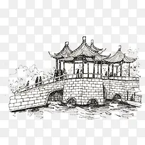 扬州五亭桥黑白素描画