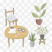 各种盆栽和桌椅板凳