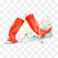 手绘插图雨雪天的红色雨鞋