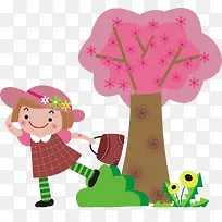 粉红小女孩小树装饰背景