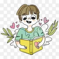 卡通手绘看书的男孩