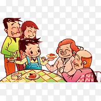 漫画一家人围着桌子吃年夜饭