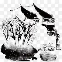 水墨建筑和树