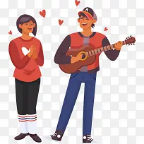 手绘人物插图相爱的情侣弹吉他唱