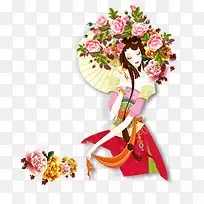 绘画鲜花美女