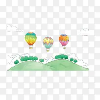 水彩手绘草地热气球