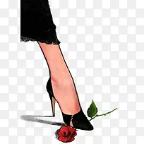 高跟鞋踩着玫瑰花的女腿