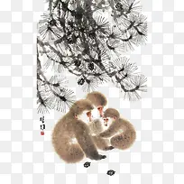 中国风水墨写意松树和猴子免抠