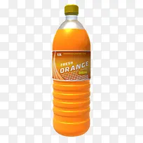 带贴纸广告的一瓶大橙汁实物