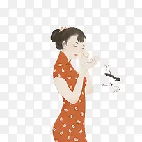 手绘工笔人物插图穿旗袍的美女