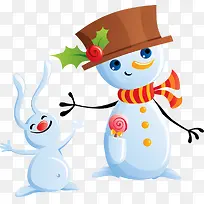 雪人带红色帽子的雪人卡通兔子