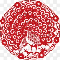 红色剪纸孔雀装饰矢量素材
