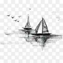 手绘中国风大海帆船