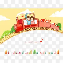 坐小火车的可爱卡通情侣