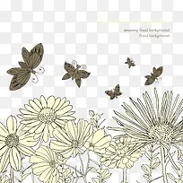 蝴蝶与花黑白线稿背景—矢量素材