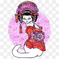 矢量粉色日本艺妓猫咪