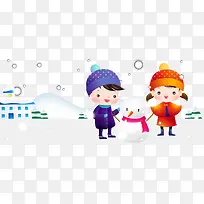 两个小孩子堆雪人