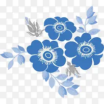 手绘蓝色花朵叶子