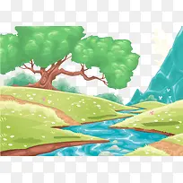 森林中的小溪草坡风景矢量图