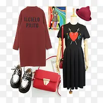 暗红色连衣裙和包包