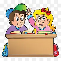 两个小孩在课桌上看书