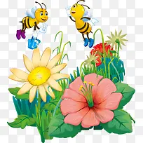 蜜蜂采蜜鲜花卡通矢量图