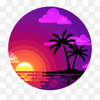 紫色大海和棕榈树风景矢量图