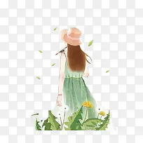卡通手绘绿色清新花季少女插画