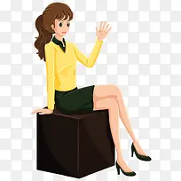 坐在凳子上招手的女士