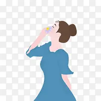 手绘卡通人物美女闻花香元素设计