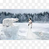 雪地松树林北极熊美女雪夜海报背景