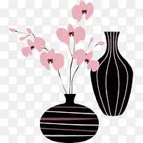 手绘黑白条纹花瓶兰花