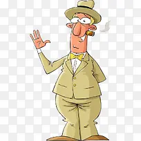 卡通微笑的戴帽子男人举手抽雪茄