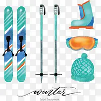 水彩手绘绿色滑雪装备