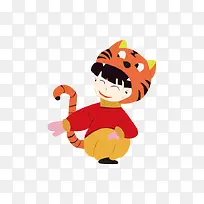 卡通新春笑脸小孩蹲下点炮竹