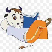 躺着看书的卡通小牛