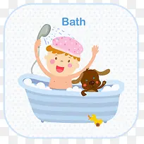小孩和小狗一起洗澡