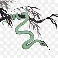 水墨绿蛇盘旋在树枝上