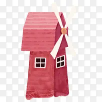 粉色卡通手绘风车屋子