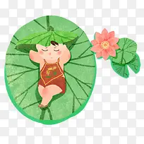 绿色荷叶上的小孩卡通插画