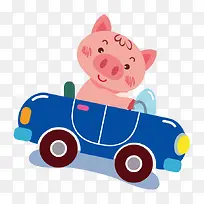 卡通手绘可爱小猪开车