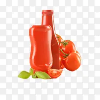 红色塑料瓶子倒立的番茄酱包装和
