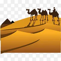 金色沙漠上的骆驼剪影矢量