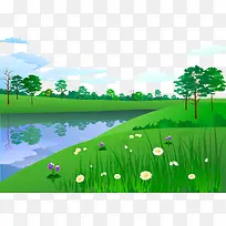 卡通手绘河边草地上树木花朵