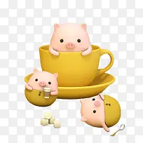 黄色咖啡杯立体小猪