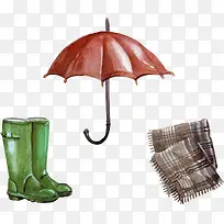 矢量手绘雨伞雨靴和围巾毯子