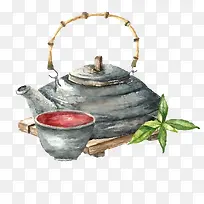 水彩绘茶壶和茶杯矢量