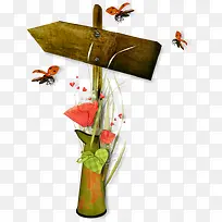 木头指示牌 蜜蜂 水彩花朵png素材