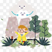 小清新下雨男孩场景装饰图案